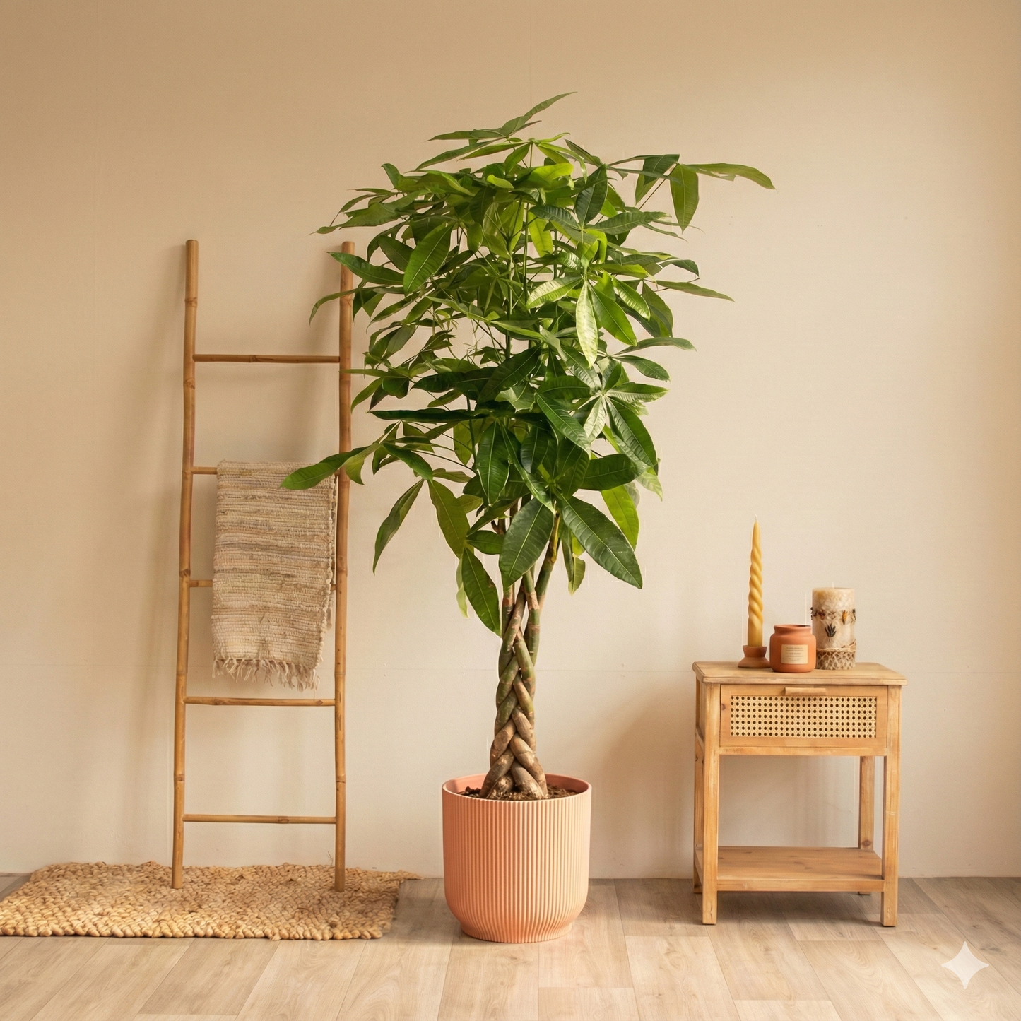 Pachira Aquatica inclusief elho Vibes Fold Round roze - H 160 cm - Ø30 cm