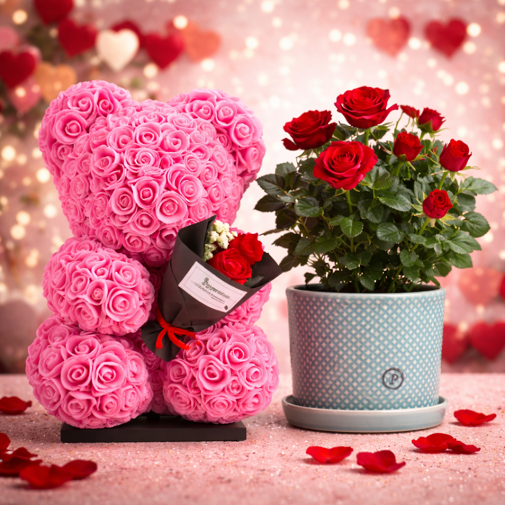 Love Bear Deluxe Wit Met Boeket