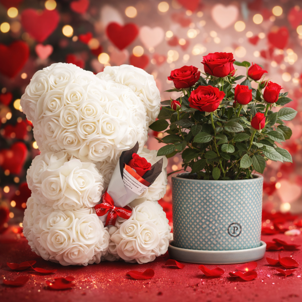 Love Bear Deluxe Wit Met Boeket